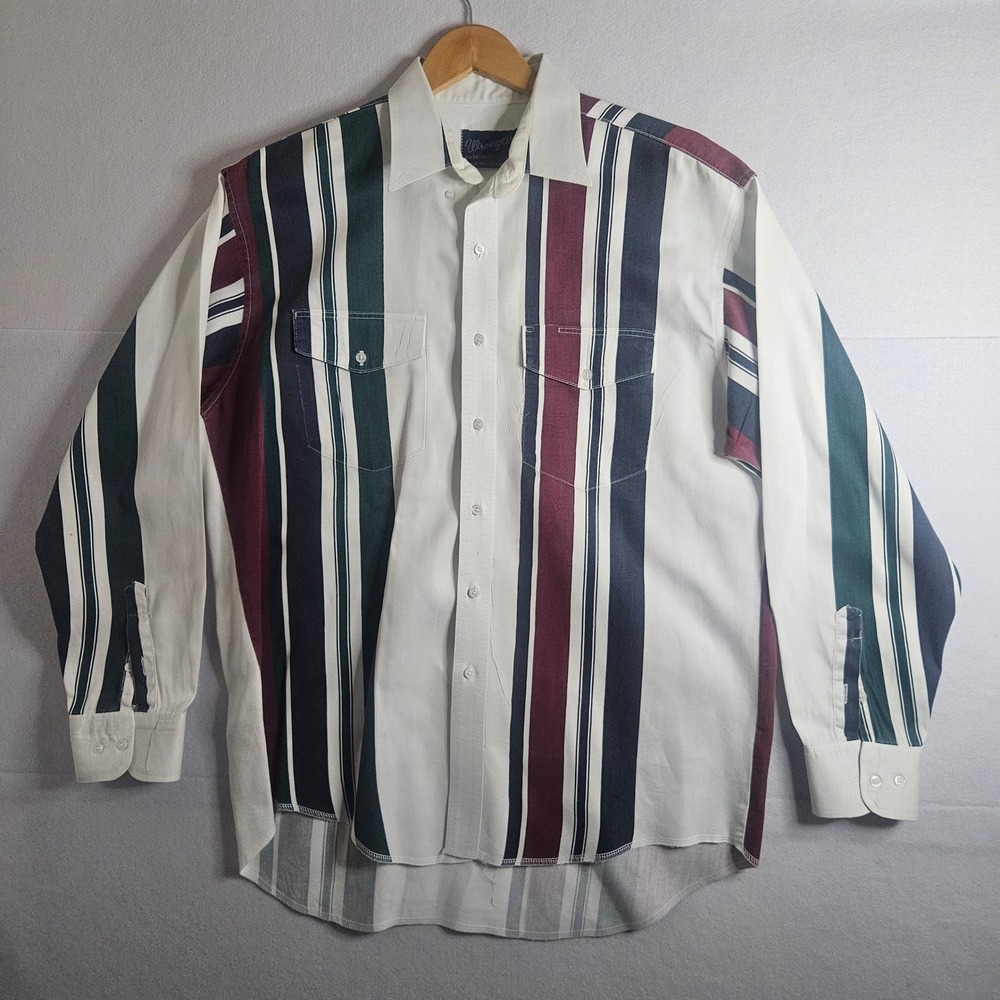 Vintage Wrangler Western Shirt Men 17-35 Striped Cotton X-Long Tails White Green